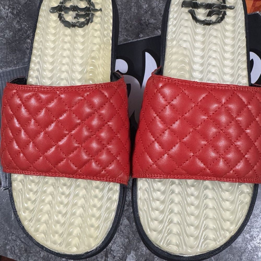 ISLIDE Mens Quilted Waves Gel‎ Slide Sandals Red Gloss Sz 13